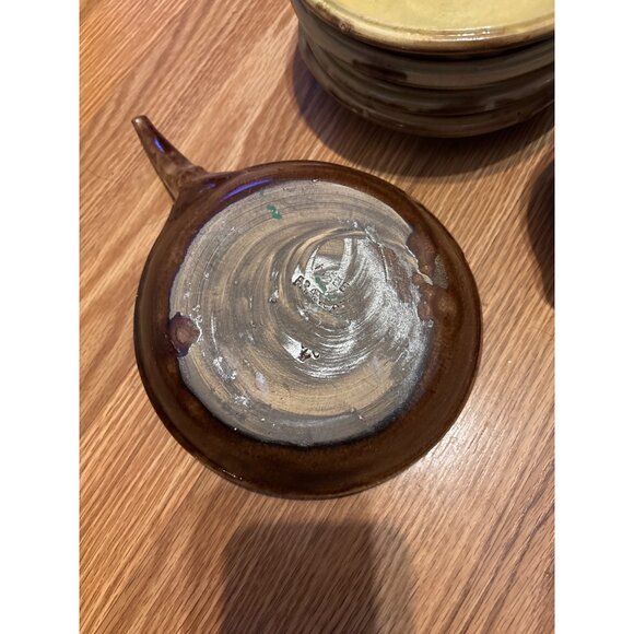 Rare Set Of Vtg Artisan crocks & Plates Brown & tan drip Clay MCM Pull Handles - Picture 2 of 11